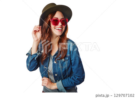 Happy, gen z and youth girl fashion with trendy style, sunglasses and excited smile for marketing. Happiness, cool and young fashionista model isolated on white background for advertising mockup. 129707102