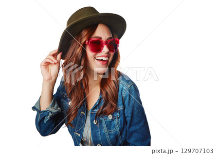 Woman, smile and hat with glasses in fashion with style for summer against a white studio background. Happy isolated female smiling in happiness for stylish sunglasses or clothing on white background Woman, smile and hat with glasses in fashion with style for summer against a white studio background. Happy isolated female smiling in happiness for stylish sunglasses or clothing on white background 129707103