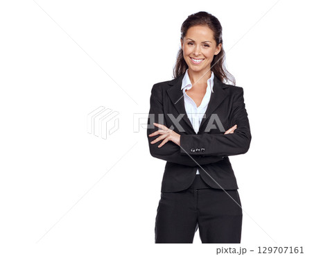 Woman, corporate and studio portrait with arms crossed, smile and happiness by white background. Isolated executive, business leader and happy for mission, innovation and success with company vision Woman, corporate and studio portrait with arms crossed, smile and happiness by white background. Isolated executive, business leader and happy for mission, innovation and success with company vision 129707161