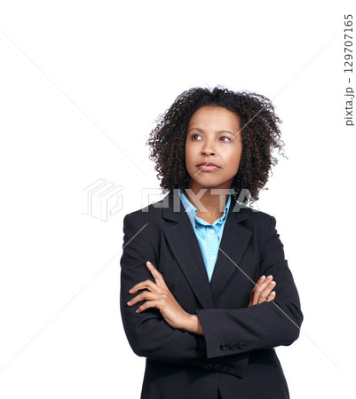 Black woman, business and vision with suit, thinking and studio with white background for idea. Corporate leader, woman and focus for ideas, strategy or mission with arms crossed, motivation and goal 129707165