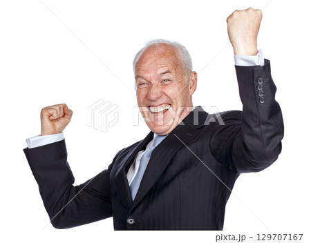 Senior businessman, celebration and studio portrait with fist hand, smile and white background. Elderly corporate leader, isolated ceo and excited to celebrate, happy hands and air with suit for goal Senior businessman, celebration and studio portrait with fist hand, smile and white background. Elderly corporate leader, isolated ceo and excited to celebrate, happy hands and air with suit for goal 129707167