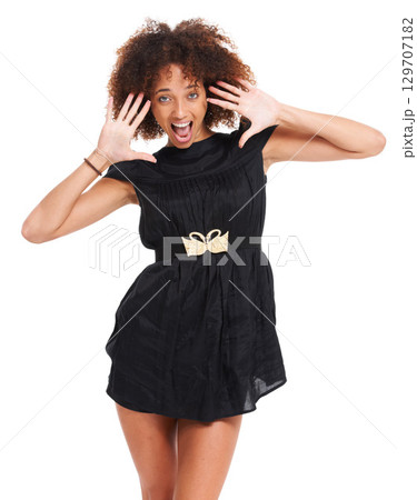 Surprised face portrait, black woman or afro and hands up in fashion party dress, trendy clothes or style clothing. Shocked, model or wow facial expression on studio white background and mockup space Surprised face portrait, black woman or afro and hands up in fashion party dress, trendy clothes or style clothing. Shocked, model or wow facial expression on studio white background and mockup space 129707182