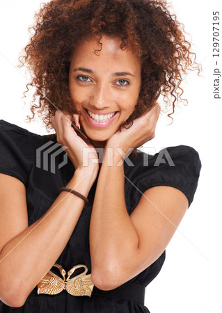 Hair, afro and fashion portrait of black woman with skincare glow, luxury cosmetics beauty and natural makeup. Brazil girl, designer clothes and face of model isolated on white studio background 129707195