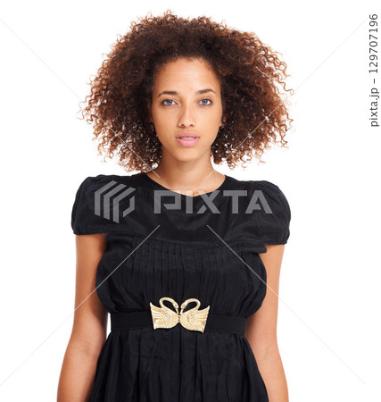 Portrait of a young, beautiful and natural woman in a dress in studio with a funky, edgy and classy outfit. Beauty, fashion and female model with cool and casual clothes isolated by white background. 129707196