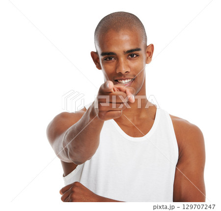 Black man, studio portrait and pointing with hand, smile and focus with wellness by white background. Happy gen z man, point finger and isolated for confidence, handsome and muscle body in Chicago Black man, studio portrait and pointing with hand, smile and focus with wellness by white background. Happy gen z man, point finger and isolated for confidence, handsome and muscle body in Chicago 129707247