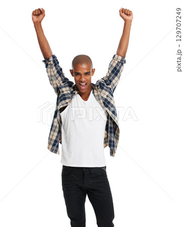 Winner, portrait and black man celebration of success, motivation and bonus deal on white background. Happy male model celebrate achievement, winning lotto competition and excited sale announcement Winner, portrait and black man celebration of success, motivation and bonus deal on white background. Happy male model celebrate achievement, winning lotto competition and excited sale announcement 129707249