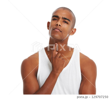 Thinking, idea and black man portrait with inspiration, vision and think attitude. Ideas, imagination and face touching of a young man model with alopecia planning and contemplation posing Thinking, idea and black man portrait with inspiration, vision and think attitude. Ideas, imagination and face touching of a young man model with alopecia planning and contemplation posing 129707250