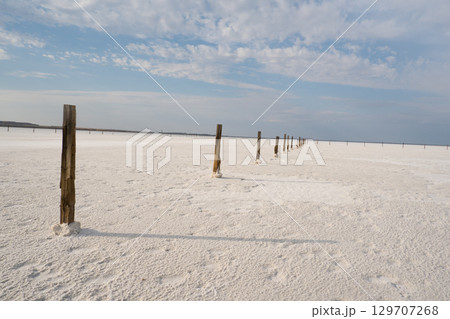 Salted wooden poles along the road. Salt lake Baskunchak, Astrakhan region, Russia. 129707268