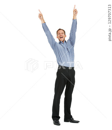 Businessman winner in portrait with success, cheers and achievement, arms in air against white background. Happy man, professional win and excited, corporate celebration with growth and bonus mockup 129707313