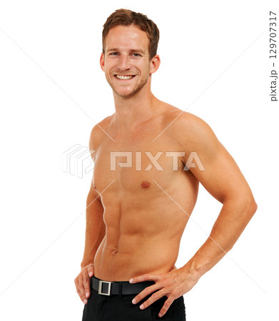 Fitness, portrait and man in studio for wellness, health and exercise, topless on white background. Face, sports and guy posing with abs, muscle and training, workout and cardio routine with mockup Fitness, portrait and man in studio for wellness, health and exercise, topless on white background. Face, sports and guy posing with abs, muscle and training, workout and cardio routine with mockup 129707317
