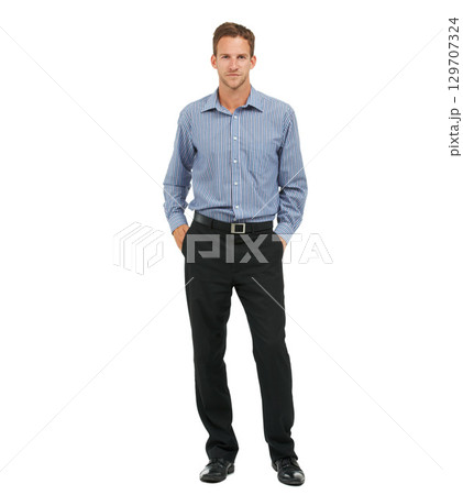 Portrait, business and man hands in pants, smile and confident manager isolated on white studio background. Ceo, employee or male entrepreneur with corporate career, marketing leader and professional 129707324