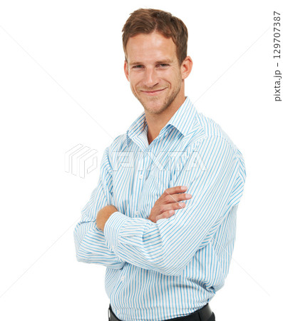 Portrait, smile and businessman with arms crossed, studio and leadership with trust in Australia. Happy male model, corporate manager and professional worker on white background for executive success 129707387