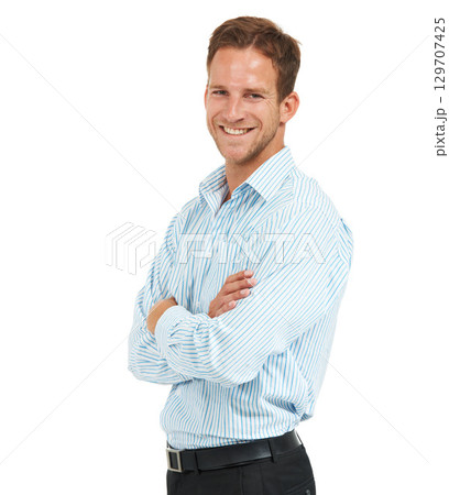 Portrait, happy businessman and arms crossed with white background, leadership and trust in Australia. Happy male model, corporate manager and professional worker on studio background for ceo success 129707425