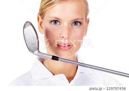 Golf, sports and portrait of a woman in studio for exercise, fitness training and golfing motivation. Face of female golfer holding golf club while ready for a competition or game on white background 129707436