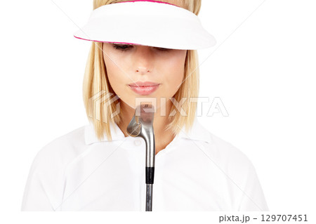 Golf, club and mockup with a sports woman in studio isolated on a white background for a game. Sport, golf club and focus with a female golfer posing on blank mock up space for product advertising 129707451