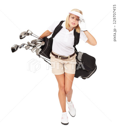 Golf woman, headache and studio with bag, overworked stress, tired and sports by white background. Isolated golfer girl, iron or golf club backpack for training, sport or pain in head at competition 129707455