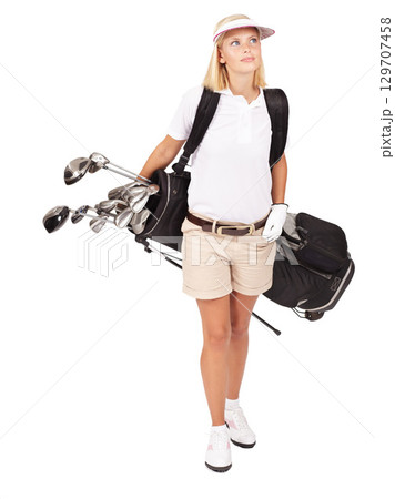Golf, fitness and woman with clubs in a studio for exercise, training or golfing motivation. Sports, athlete and female golfer with a confused expression holding equipment by a white background. 129707458