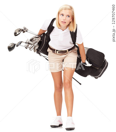 Sports, athlete and woman golfer in a studio with clubs for exercise, training or golfing motivation. Fitness, golf and female model carrying heavy sport equipment isolated by a white background. Sports, athlete and woman golfer in a studio with clubs for exercise, training or golfing motivation. Fitness, golf and female model carrying heavy sport equipment isolated by a white background. 129707460