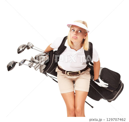 Sports, golf and woman in a studio with clubs for exercise, training or golfing motivation. Fitness, athlete and female golfer with a confused expression holding equipment by a white background. Sports, golf and woman in a studio with clubs for exercise, training or golfing motivation. Fitness, athlete and female golfer with a confused expression holding equipment by a white background. 129707462