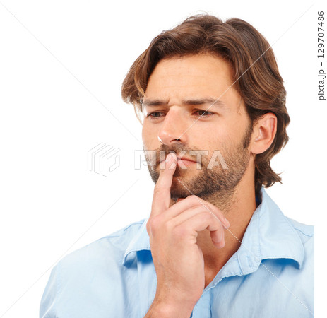 Thinking, face and business man in studio isolated on a white background. Doubt, planning and male entrepreneur, ceo or manager focus, lost in thoughts and contemplating sales or advertising ideas. 129707486