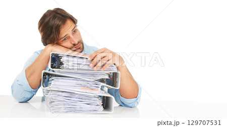 Accounting, stress and corporate headache of man with compliance anxiety of audit with mock up. Businessman burnout, tax documents and depressed fear of finance job and mental health issue 129707531