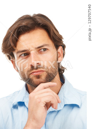 Business, thinking and face of man in studio isolated on a white background. Pensive, planning and male entrepreneur, ceo or boss focus, lost in thoughts and contemplating sales or advertising ideas. 129707540
