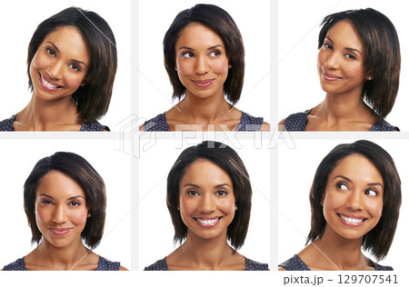 Happy black woman, headshot or collage on isolated white background for emoji or facial expression mosaic. Smile, face or model in composite montage for fun profile picture or business ID photography 129707541