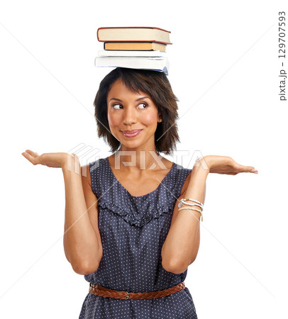 Student, choice or black woman with books, balance or decisions in studio with marketing mockup space. Education, smile or African school girl in university or college with notebooks for learning 129707593