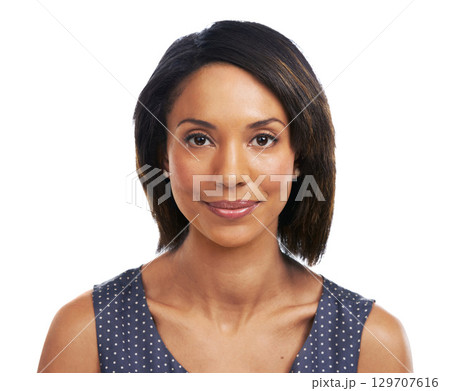 Black woman, studio portrait and happy with makeup, wellness and fashion by white background. Woman, beauty model and isolated for aesthetic, makeup and happiness with glow skin, cosmetics and smile 129707616