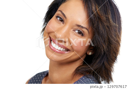 Smile, makeup and face with woman and beauty portrait, skincare and cosmetic care against white background. Hair, mockup and facial zoom with wellness, dermatology and natural cosmetics with glow 129707617