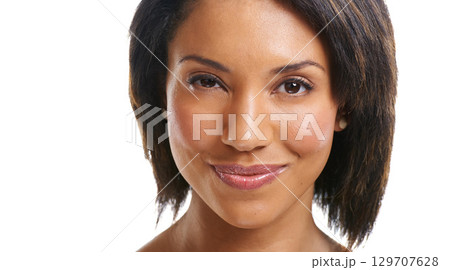 Happy black woman, portrait and brunette hairstyle on isolated white background in keratin treatment or dye color. Zoom, face and smile facial expression on hair beauty model with makeup cosmetics Happy black woman, portrait and brunette hairstyle on isolated white background in keratin treatment or dye color. Zoom, face and smile facial expression on hair beauty model with makeup cosmetics 129707628