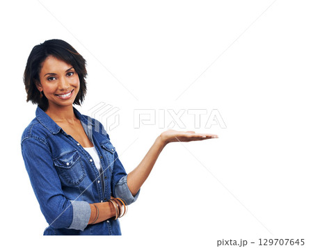 Mockup, happy or black woman in studio with marketing, product placement or branding space. White background, portrait or African girls hand advertising discount, sales or promotional deal offer Mockup, happy or black woman in studio with marketing, product placement or branding space. White background, portrait or African girls hand advertising discount, sales or promotional deal offer 129707645