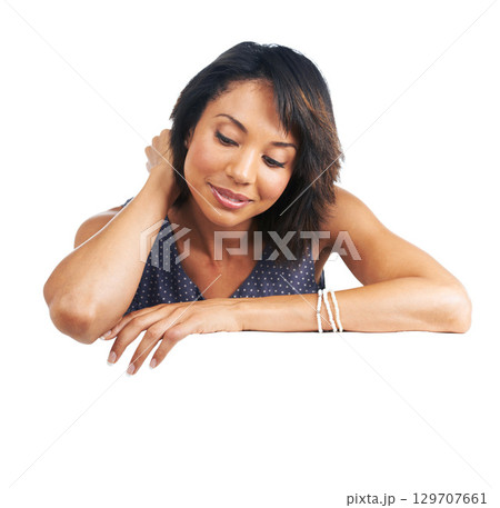 Sign, poster and black woman with banner space, billboard or mockup for advertising brand or logo. Female with business announcement, product placement or signage for white background branding 129707661