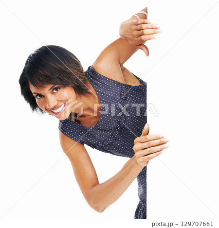 Billboard, poster and portrait of black woman with space, banner or mockup for advertising brand or logo. Female with business announcement, product placement or signage for white background branding Billboard, poster and portrait of black woman with space, banner or mockup for advertising brand or logo. Female with business announcement, product placement or signage for white background branding 129707681