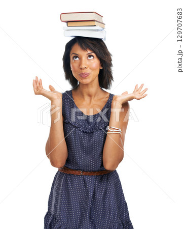 Student, education or black woman with books or balance in studio with marketing mockup space. Development, focused or African school girl in university or college for study learning or future goals 129707683
