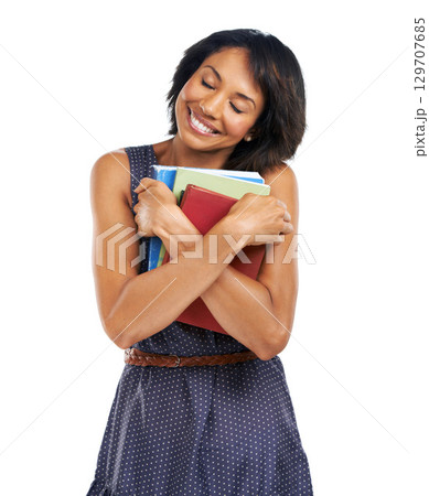 Hug, student or happy black woman with books in studio on white background with marketing mockup space. Education, smile or African school girl in university or college with notebooks for learning Hug, student or happy black woman with books in studio on white background with marketing mockup space. Education, smile or African school girl in university or college with notebooks for learning 129707685