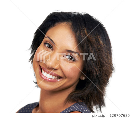 Beauty, makeup and portrait of black woman on a white background for cosmetics and healthy skin. Natural face, wellness and headshot of happy girl with big smile, confidence and carefree Beauty, makeup and portrait of black woman on a white background for cosmetics and healthy skin. Natural face, wellness and headshot of happy girl with big smile, confidence and carefree 129707689