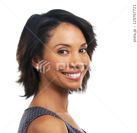 Wellness, beauty and portrait of black woman on a white background for glow, cosmetics and makeup. Skincare, natural lifestyle and face headshot of girl with big smile, confident and happy in studio Wellness, beauty and portrait of black woman on a white background for glow, cosmetics and makeup. Skincare, natural lifestyle and face headshot of girl with big smile, confident and happy in studio 129707721
