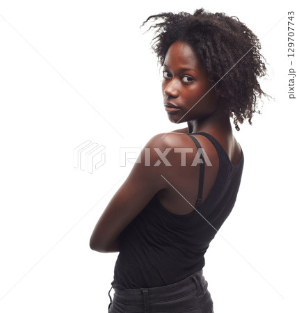 Black woman, natural beauty and african model portrait with isolated white background. Fashion, woman and black women empowerment with a person from Jamaica feeling calm with studio mock up Black woman, natural beauty and african model portrait with isolated white background. Fashion, woman and black women empowerment with a person from Jamaica feeling calm with studio mock up 129707743