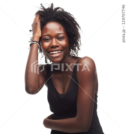 Face portrait, beauty hair care and black woman in studio on a white background mock up. Skincare, makeup cosmetics and self love of female model with beautiful afro after salon treatment for growth 129707746