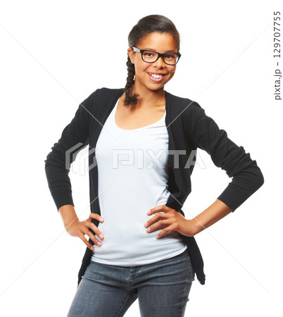 Portrait, kids and fashion with an indian girl in studio isolated on a white background with a carefree attitude. Children, hands on hips and student with a young female child posing for style 129707755