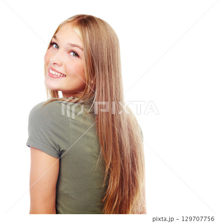 Happy, cosmetics and girl with a confident smile, beautiful and sweet on a white background. Makeup, happiness and teenage model with confidence, youth pride and long hair on a studio background 129707756