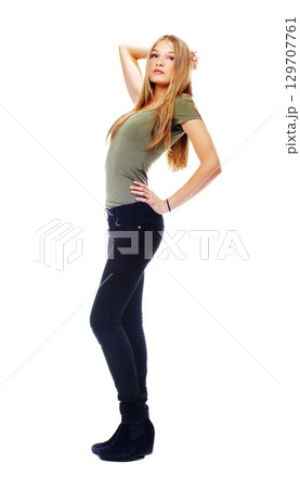 Full body, fashion and portrait of woman in studio on white background with contemporary, retro and vintage clothes. Beauty, cosmetics and young female fashion model posing with confidence in outfit 129707761