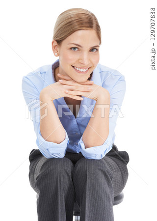 Businesswoman, portrait and smile on chair in white background, studio and happiness. Happy female worker, model and office chair of young employee, entrepreneur and motivation in corporate career Businesswoman, portrait and smile on chair in white background, studio and happiness. Happy female worker, model and office chair of young employee, entrepreneur and motivation in corporate career 129707838