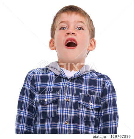 Portrait, children and wow with a boy in studio isolated on a white background with a missing tooth. Kids, surprise or shocked with a male child feeling amazed with big eyes and surprised expression 129707859