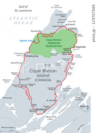 Map of the Cabot Trail, on Cape Breton Island, in the Nova Scotia province of Canada. Cabot Trail highlighted in red, a scenic highway passing along and around the Cape Breton Highlands National Park. 129707889
