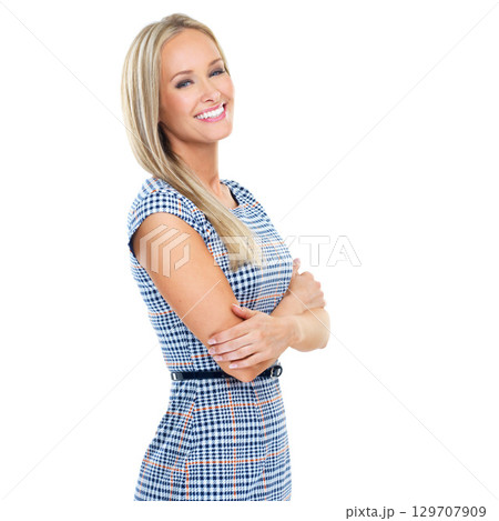 Portrait, fashion and mockup with a model woman arms crossed in studio isolated on a white background. Advertising, marketing and product placement with a female posing to promote a brand on space 129707909