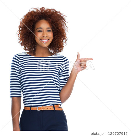 Mockup, portrait and black woman, pointing or happy with female isolated on white studio background. African American girl, lady or gesture for brand development, advertising and creative on backdrop 129707915