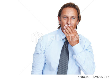 Portrait, wow and mockup with a business man in studio isolated on a white background looking shocked. Hand, surprise and branding with a handsome male employee standing on blank space for a logo Portrait, wow and mockup with a business man in studio isolated on a white background looking shocked. Hand, surprise and branding with a handsome male employee standing on blank space for a logo 129707977