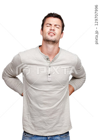 Back pain, spine injury and studio man with emergency crisis, anatomy problem or inflammation. Medical healthcare, muscle strain accident and hurt young model with fibromyalgia on white background Back pain, spine injury and studio man with emergency crisis, anatomy problem or inflammation. Medical healthcare, muscle strain accident and hurt young model with fibromyalgia on white background 129707996